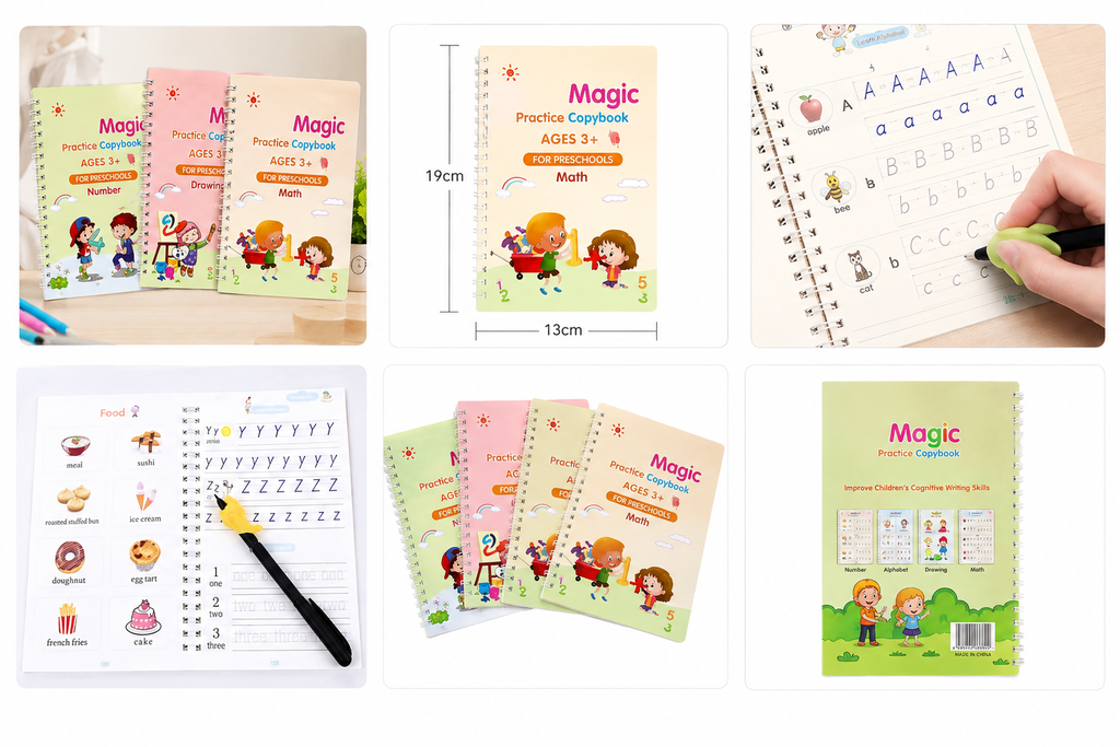 Magic Practice Copybook Set for Kids (4 Books + Magic Pen) | Reusable Handwriting Workbook | Preschool Learning Ages 3+