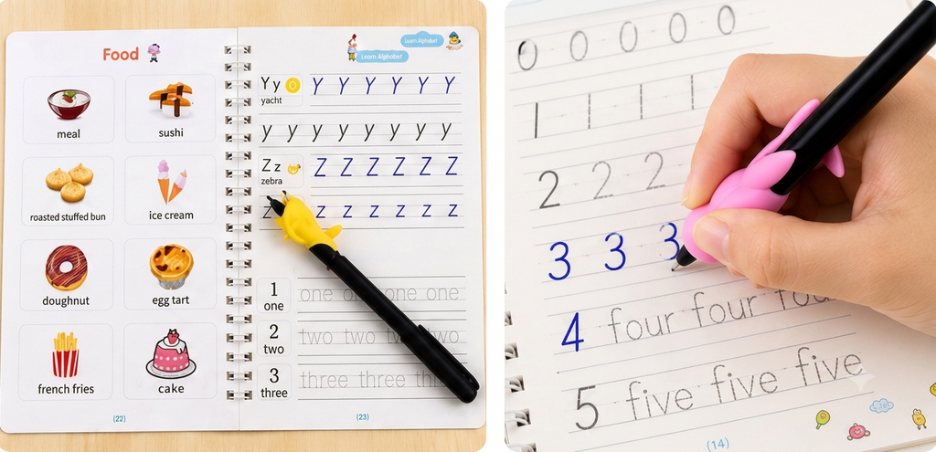 Magic Practice Copybook Set for Kids (4 Books + Magic Pen) | Reusable Handwriting Workbook | Preschool Learning Ages 3+
